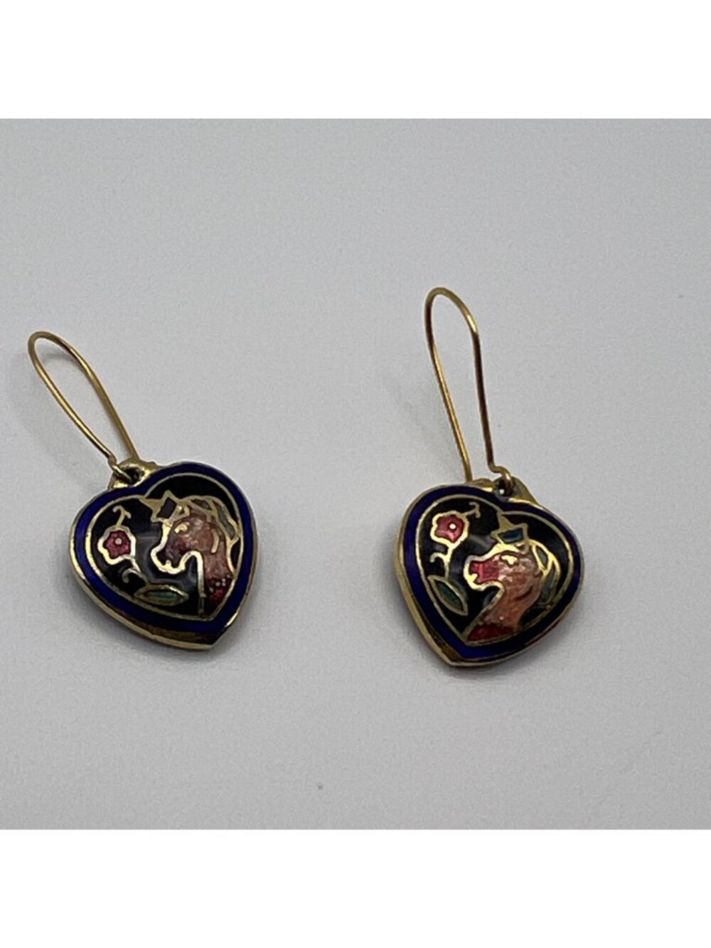Heart-Shape Cloisonné Earrings Unicorn Gold-Tone Double-Sided Cobalt Blue Black - Picture 8 of 10